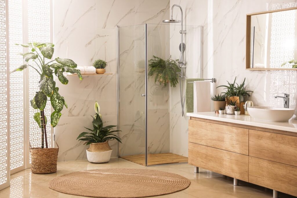 Remodeled bathroom with design trends for 2024 - wood cabinets, plants in pots in various places, stone walls, and waterfall shower head